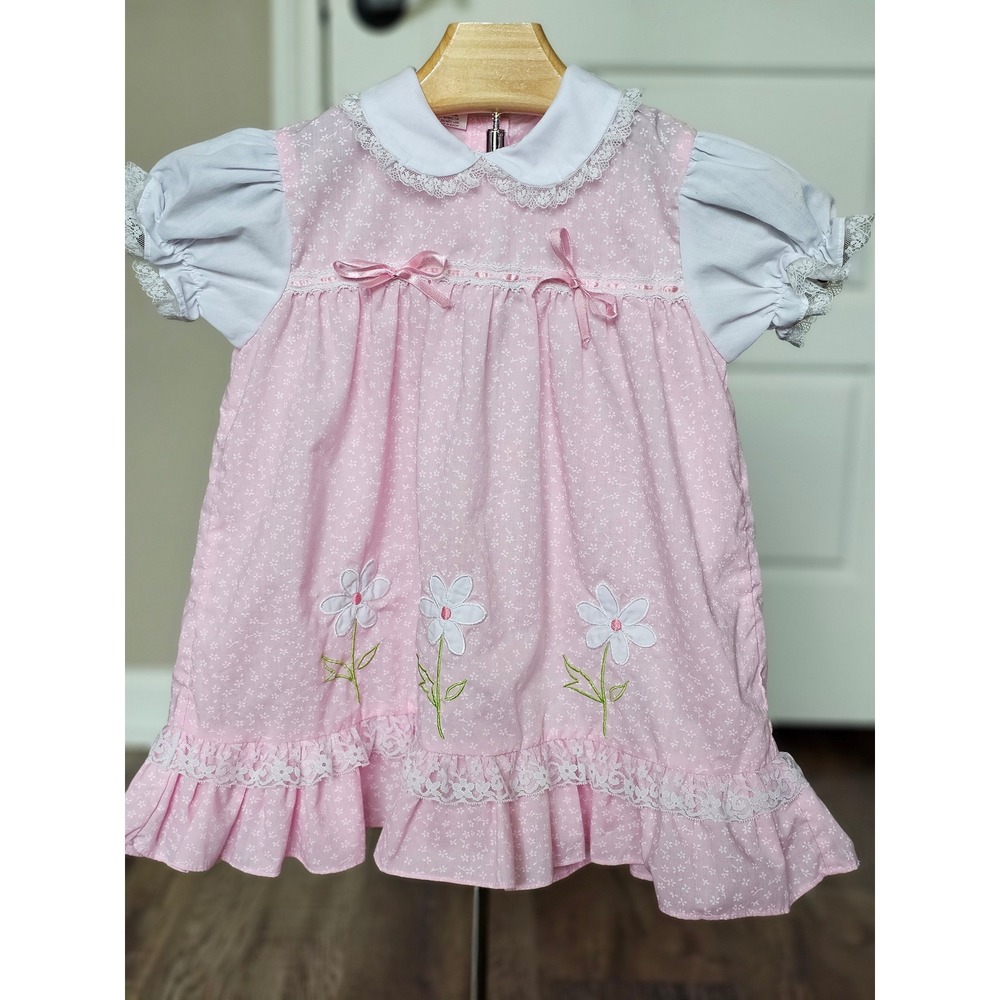 Cuties by Judy Girls Pink Floral Lace Peter Pan Collar Dress Sz 4 Vintage Style